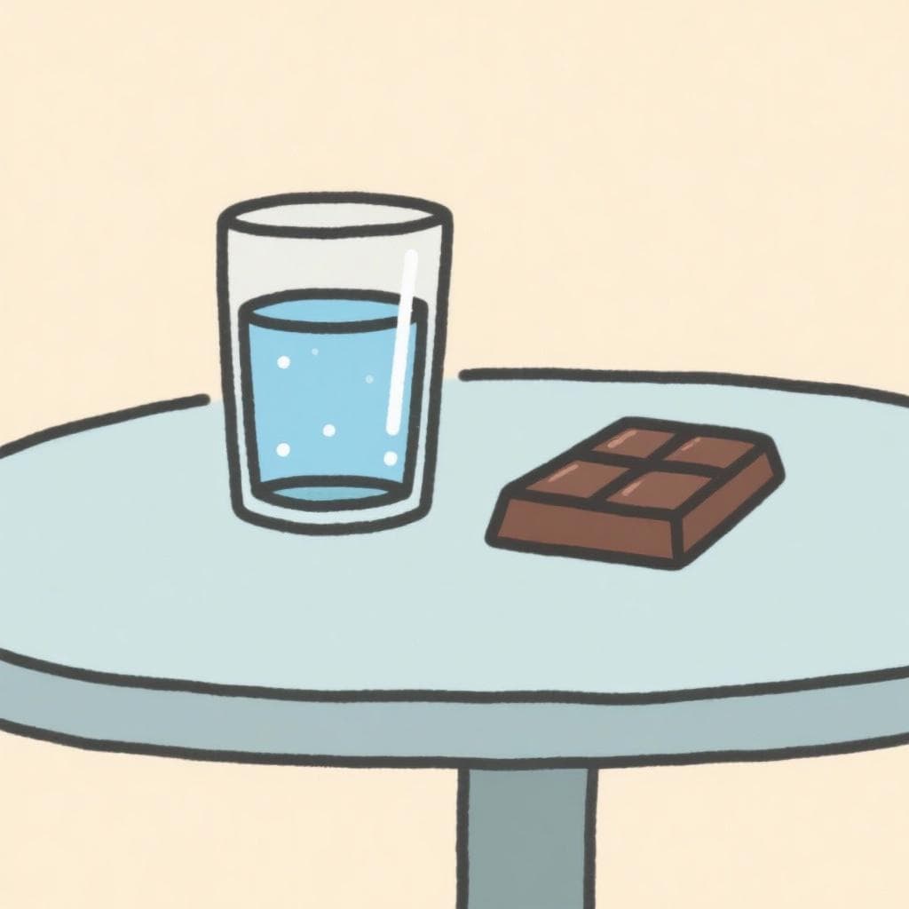 A literal depiction of 'estar como agua para chocolate', showing a simple glass of water next to a bar of chocolate.