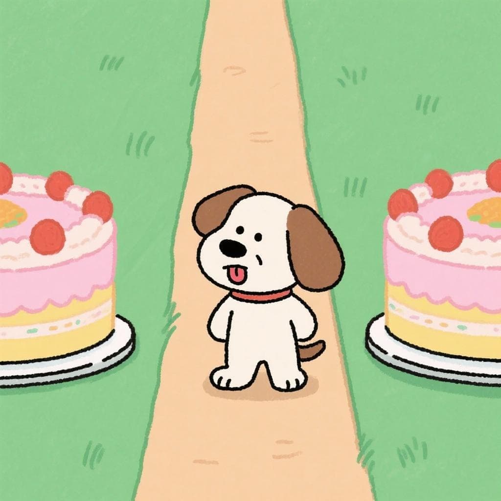 A literal depiction showing a dog standing between two identical cakes, looking confused and wanting both.