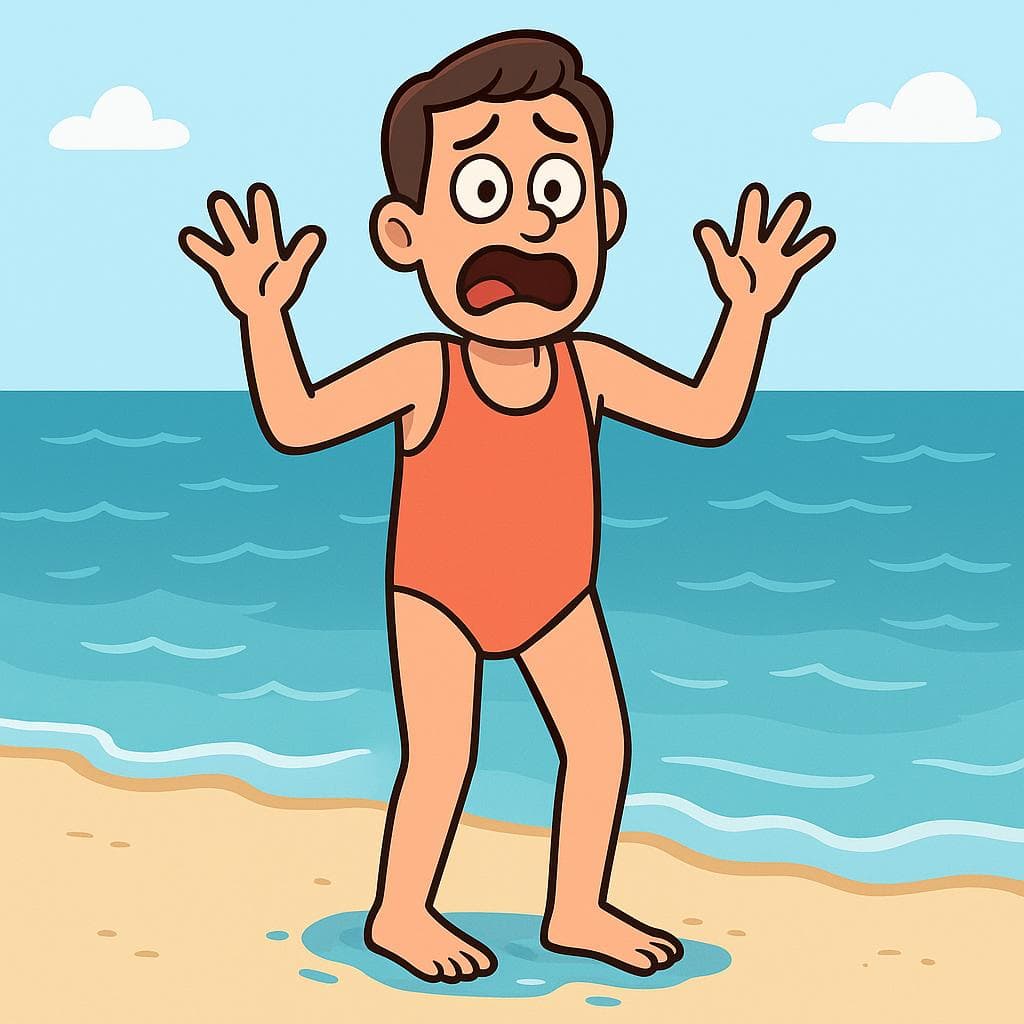 A literal, humorous depiction of 'nadar y ahogarse en la orilla', showing a person drowning in ankle-deep water at the very edge of a beach.