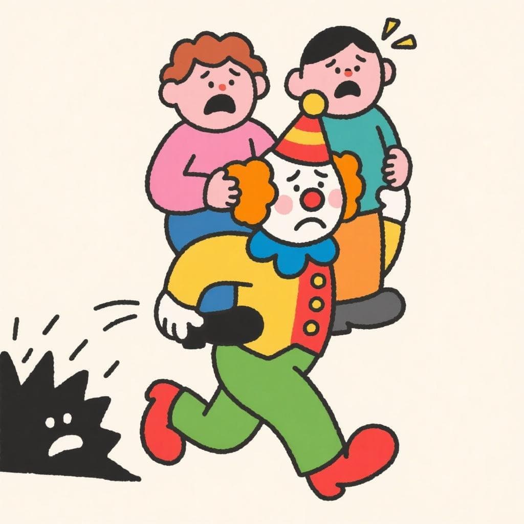 A literal depiction of a circus clown physically carrying two distressed people on his shoulders.