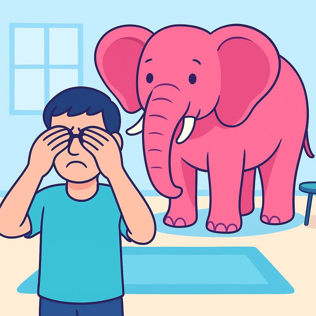 A person actively covering their eyes to avoid looking at a giant pink elephant standing right in front of them.