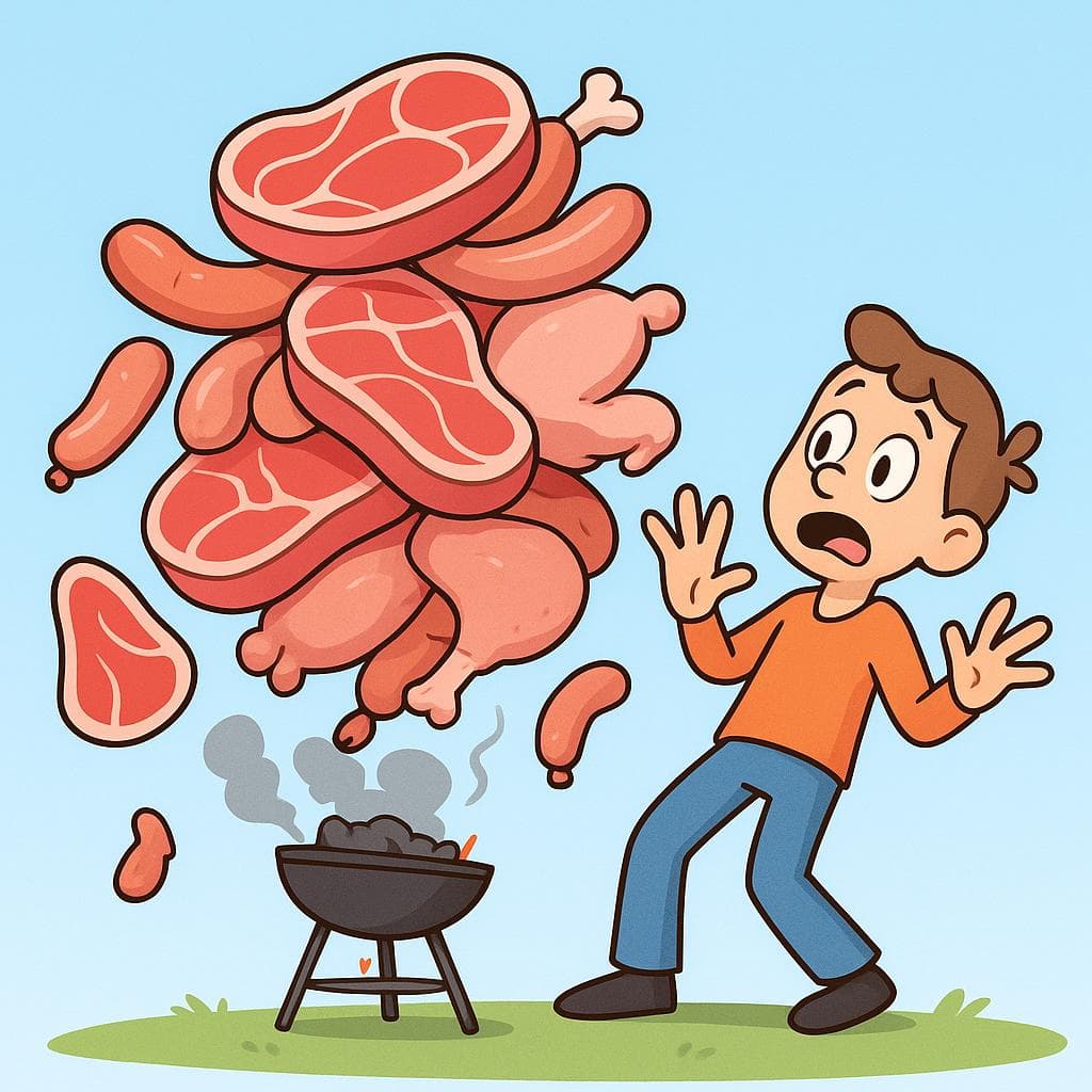A literal, humorous depiction of 'poner toda la carne en el asador', showing a person piling a huge mountain of meat onto a tiny barbecue grill.