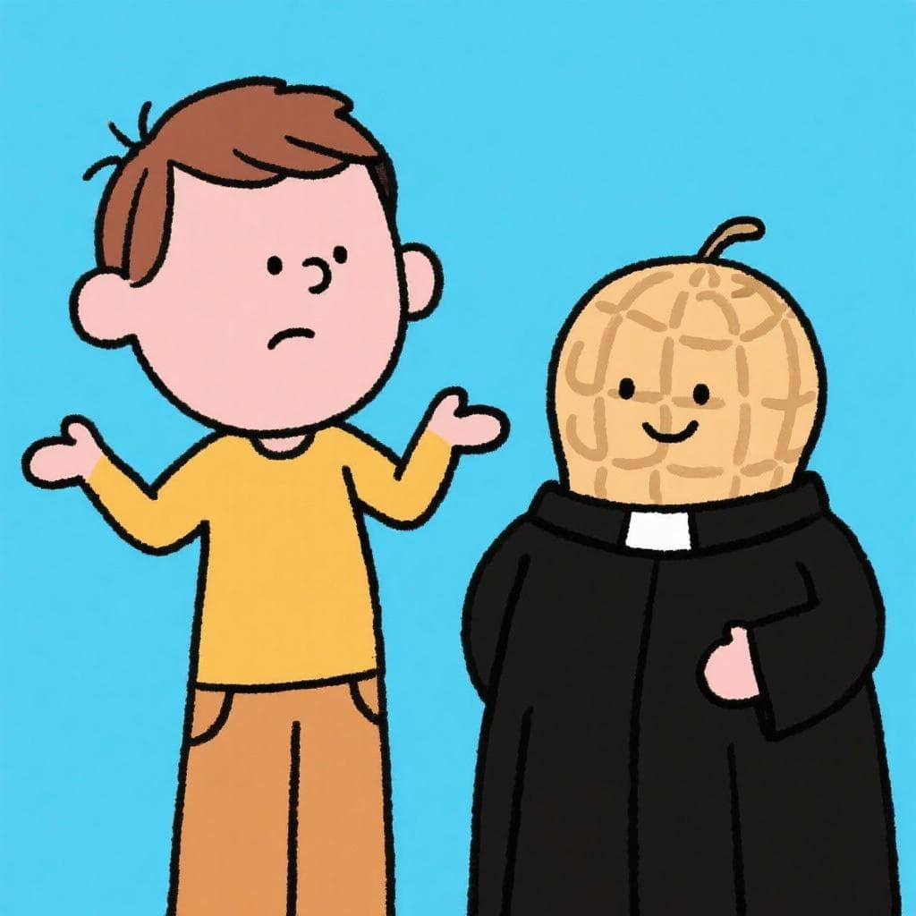 A literal depiction of 'me vale un reverendo cacahuate', showing a person looking indifferent next to a large peanut dressed as a priest.