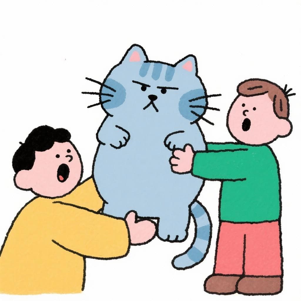 A literal, humorous depiction of 'dar el gatazo', showing a person handing a giant cat to someone else.