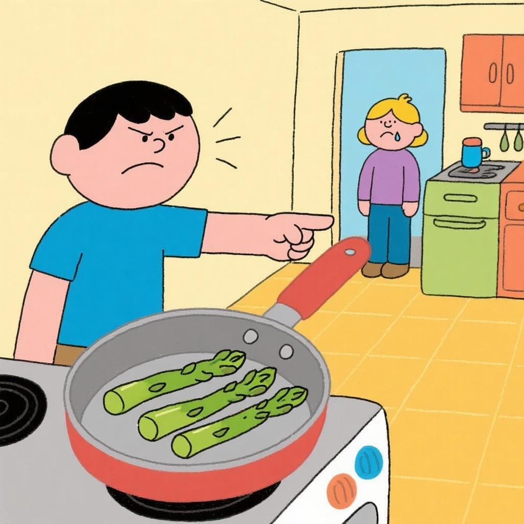 A person literally being sent away to fry a pan of asparagus.