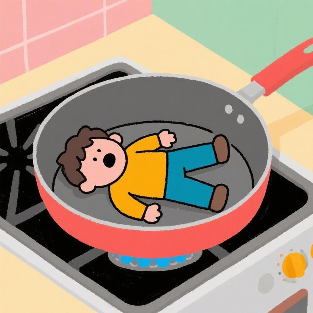 A cartoon person lying in a giant frying pan, representing the literal meaning of 'to get fried'.