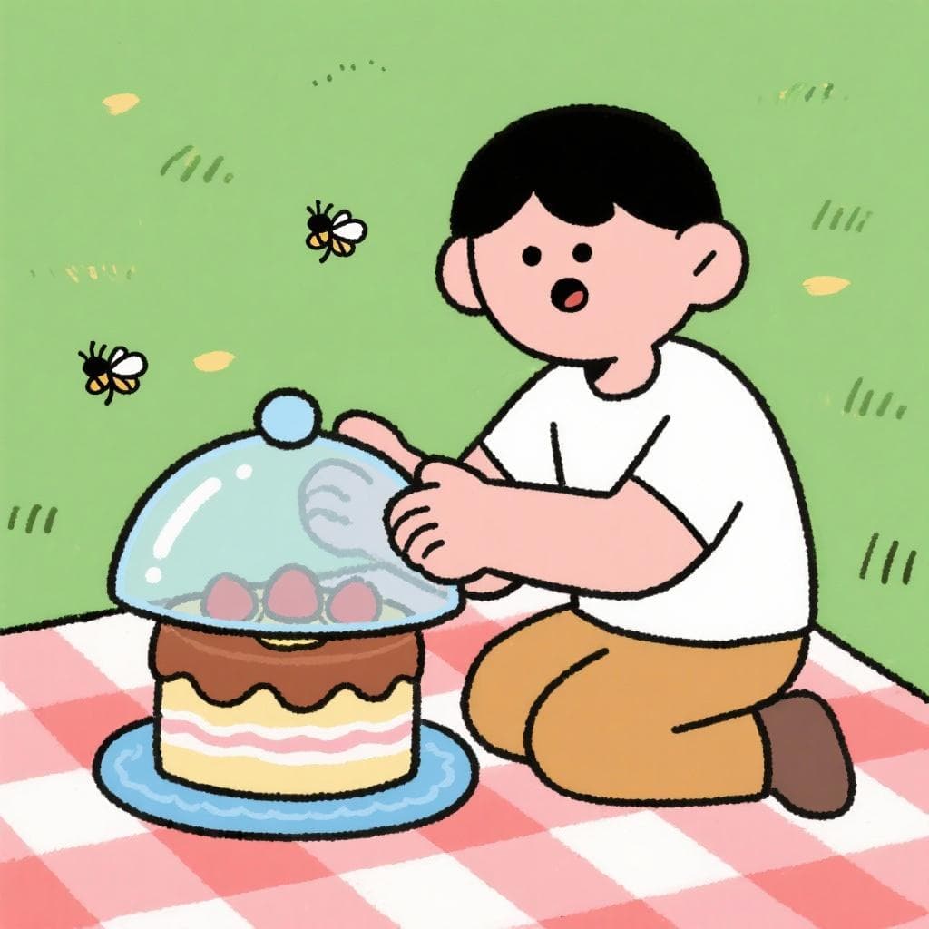 A literal depiction of 'por si las moscas', showing a person protecting food from imaginary flies.