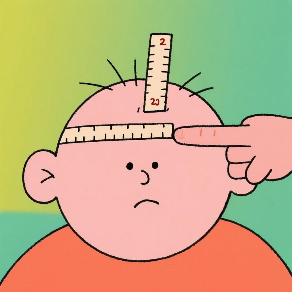 A literal depiction of the idiom, showing a person with a very small forehead being measured by two fingers.
