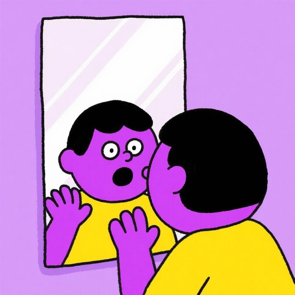 A literal depiction of 'ponerse morado', showing a person's skin humorously turning a vibrant purple color.