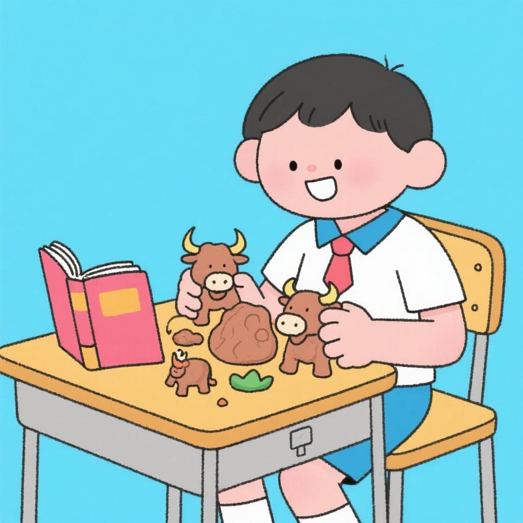 A literal depiction of 'hacer novillos', showing a person sculpting small bull figurines from clay.