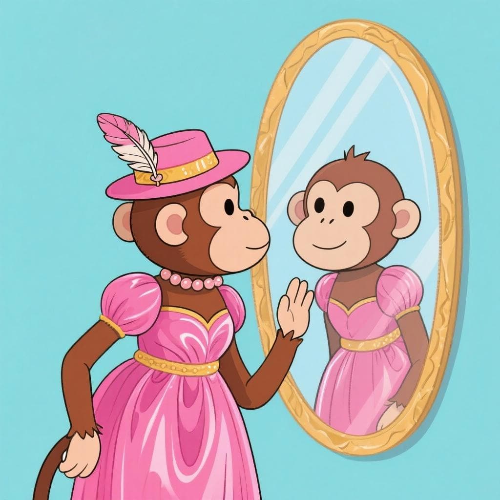 A literal, humorous depiction of the idiom, showing a monkey wearing an elegant silk dress and a fancy hat, looking in a mirror.