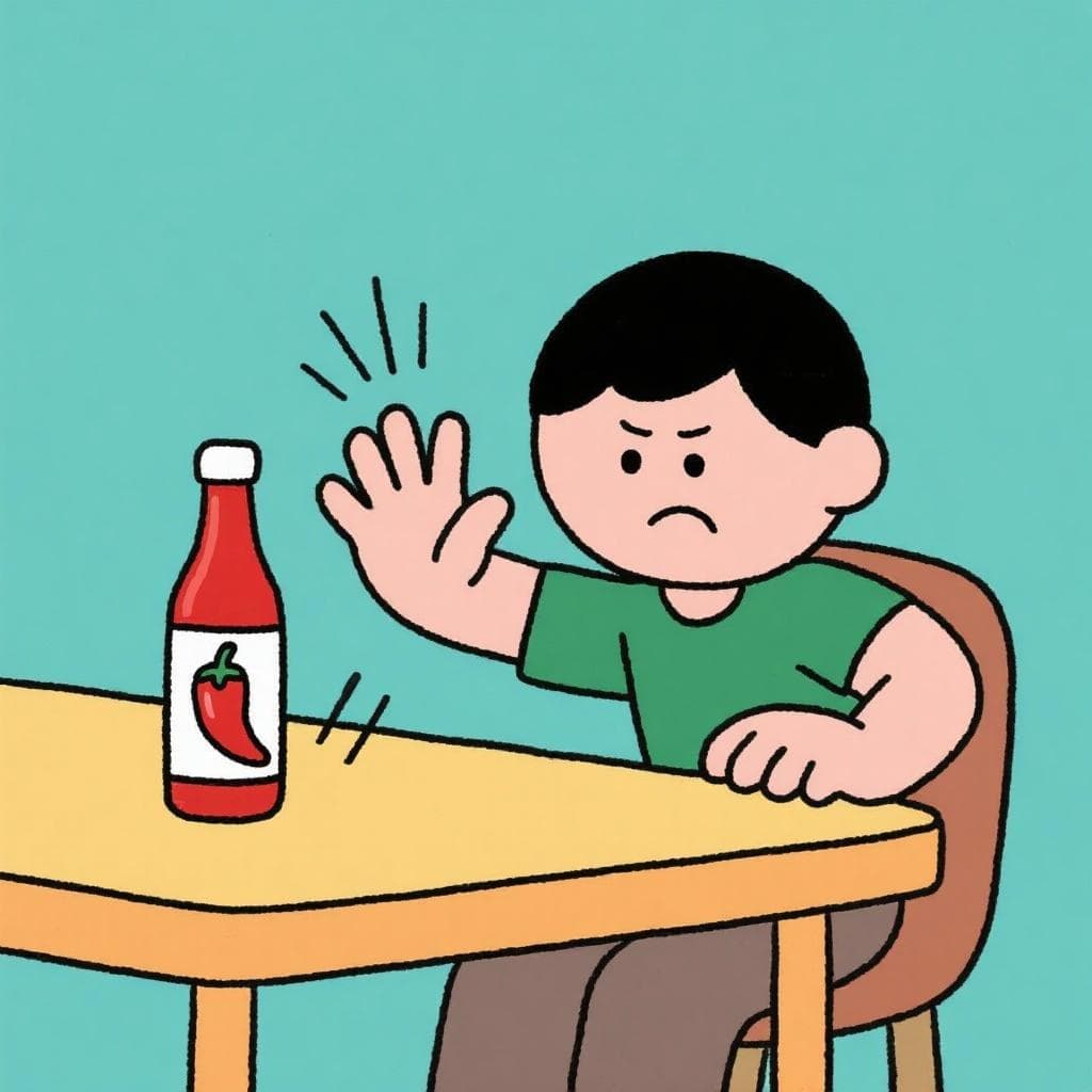A literal, playful interpretation of 'chole', showing a person refusing a bottle of chili sauce.