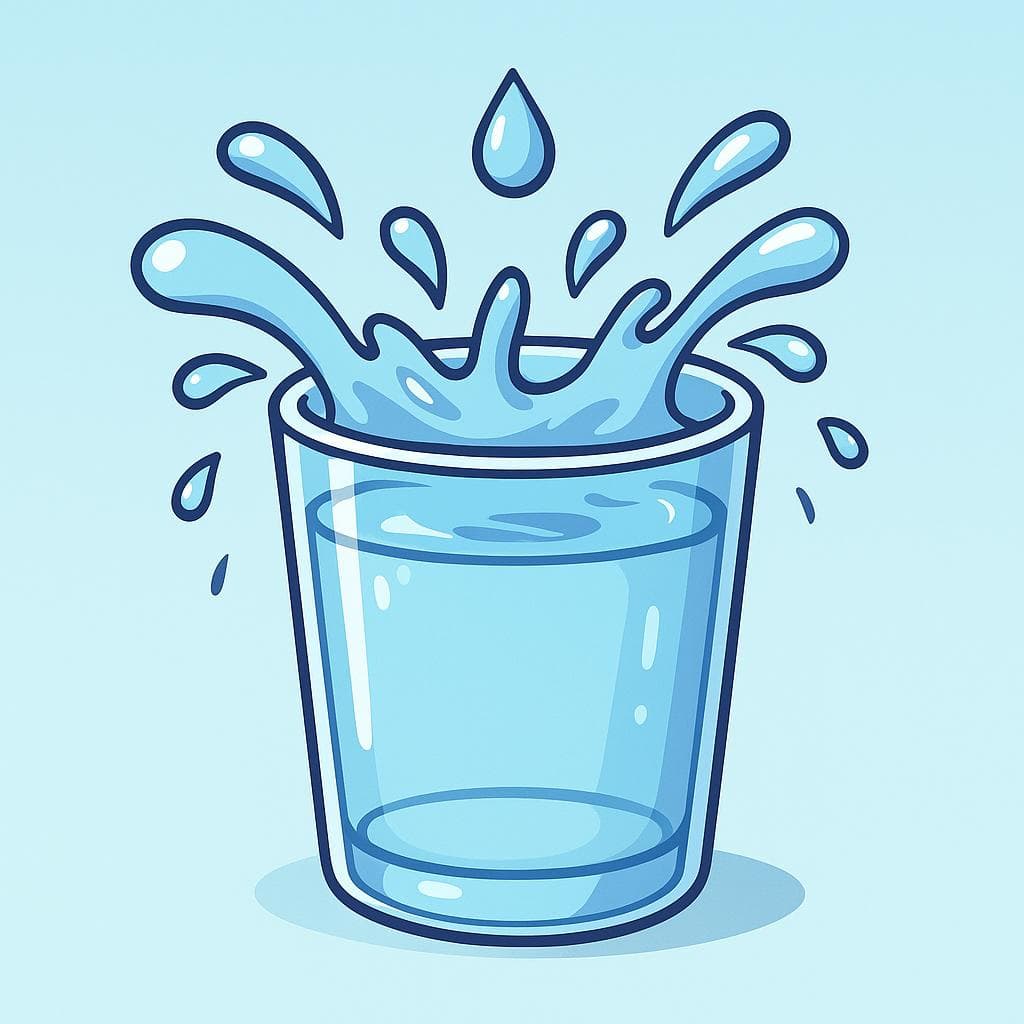 A literal depiction of the idiom, showing a glass of water filled to the very brim with a single drop falling into it, causing water to spill over the sides.