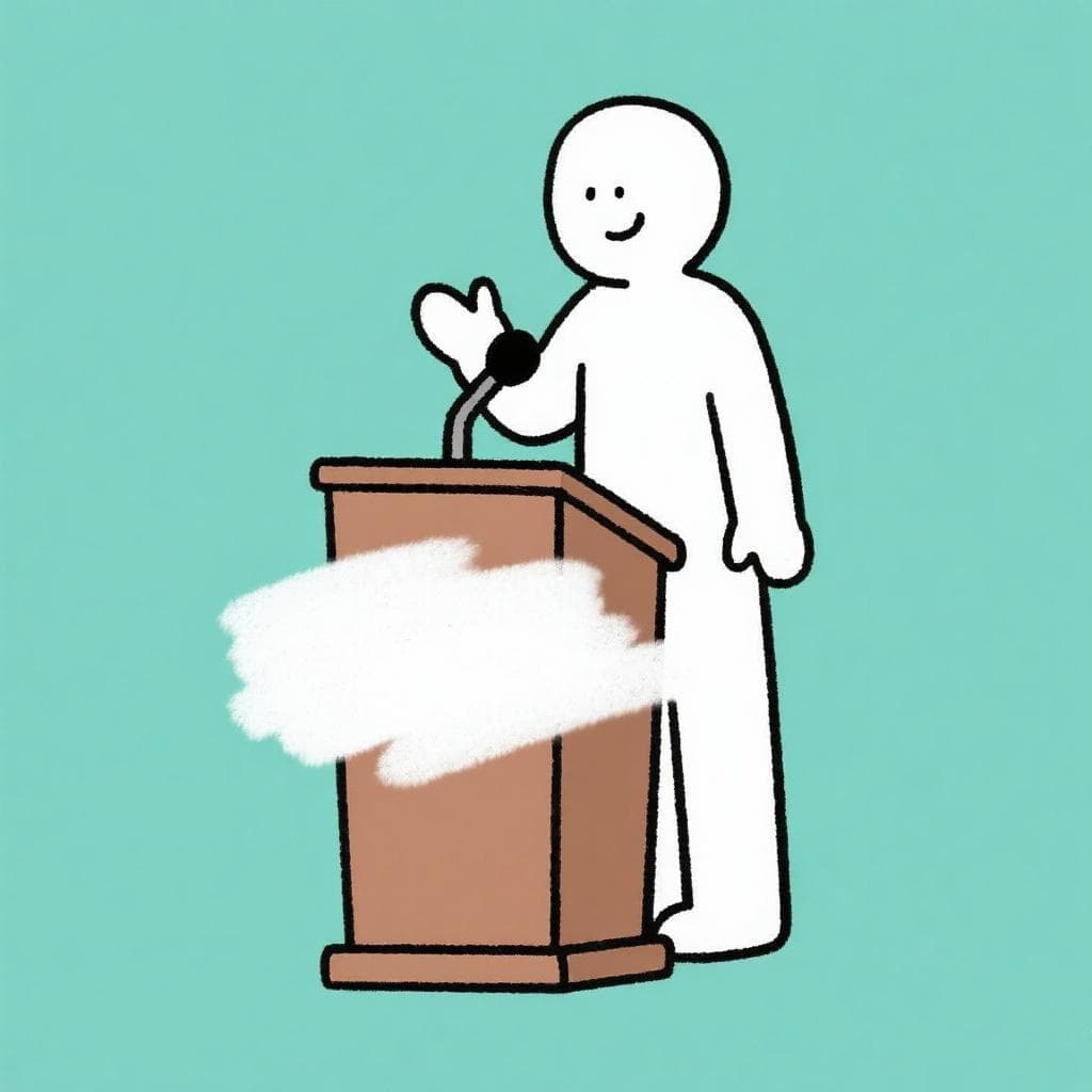 A literal depiction of 'quedarse en blanco', showing a person on a stage whose body is turning completely white and featureless.