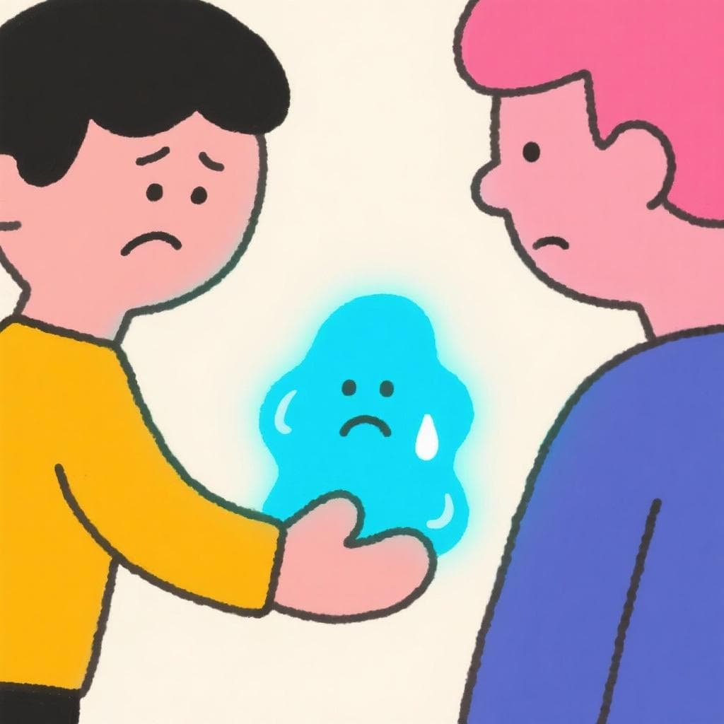 A literal, humorous depiction of 'dar pena', showing one person handing a physical blob of sadness to another.