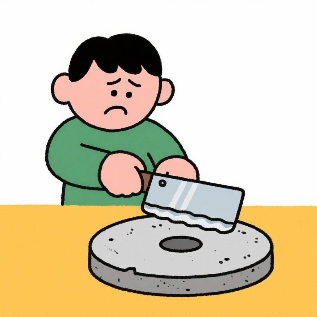 A literal interpretation showing a frustrated person trying to use a completely worn-out grinding wheel.