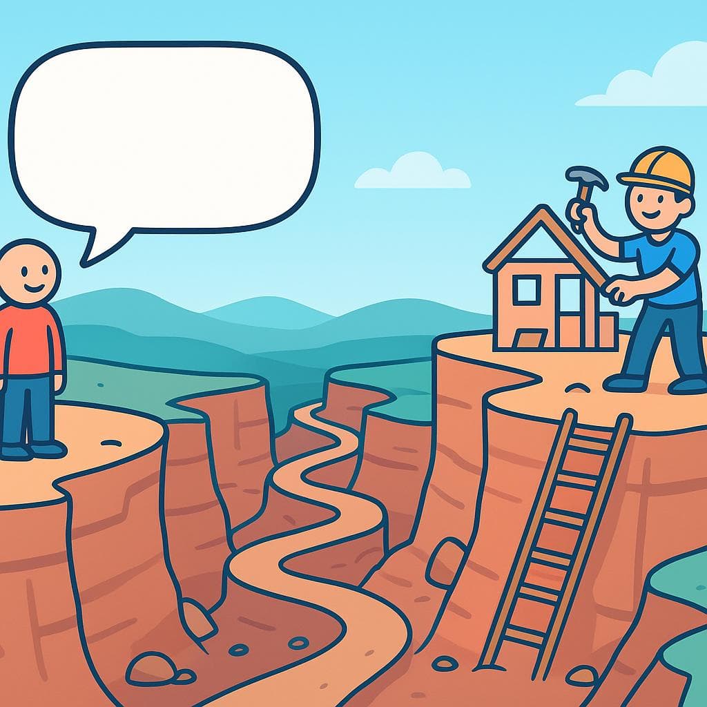 A literal depiction of the idiom, showing a person on one side of a wide canyon with a speech bubble, looking across a long, difficult path to another person performing an action on the other side.