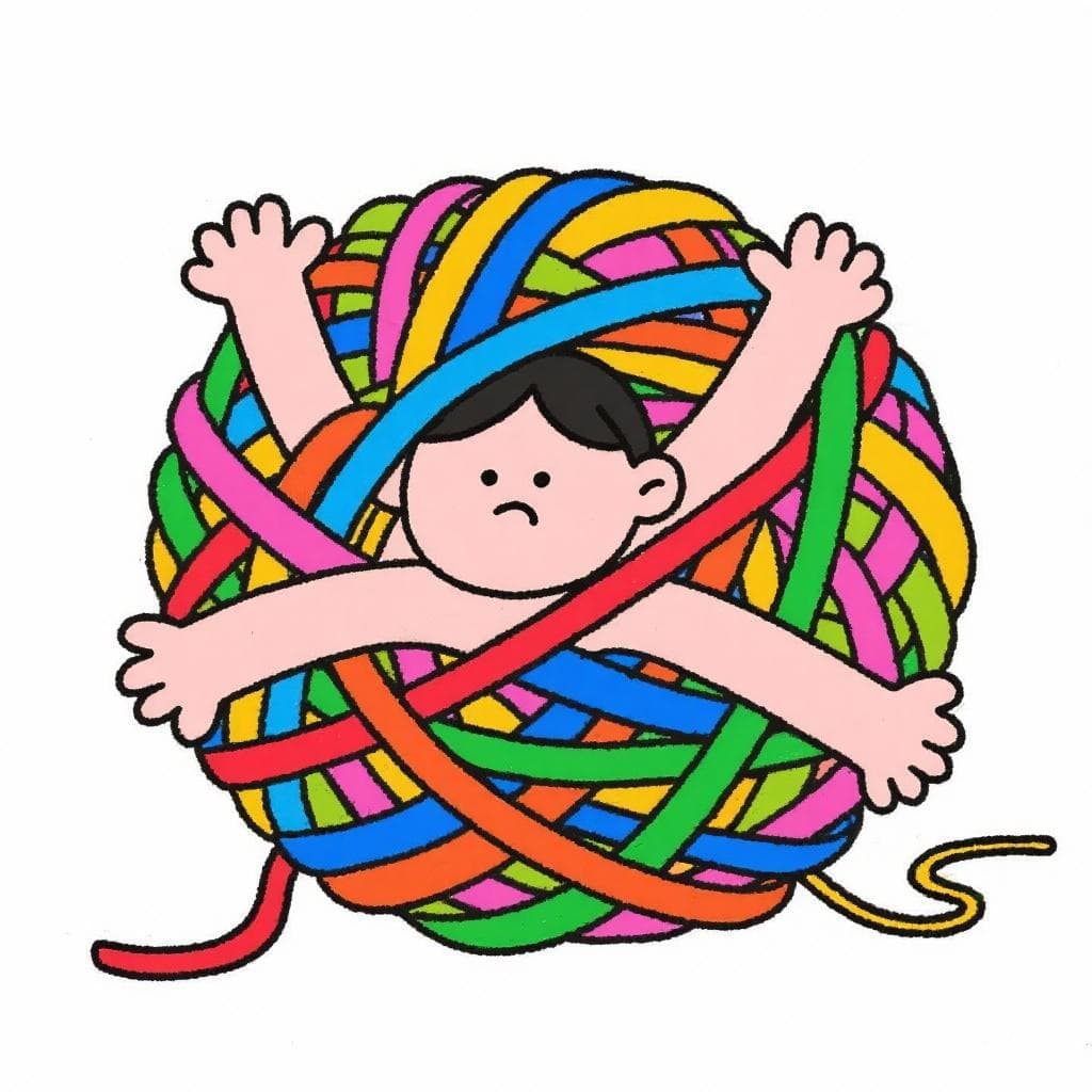 A literal, humorous depiction of 'hacerse bolas', showing a person whose body is tangled up into a giant ball of yarn.