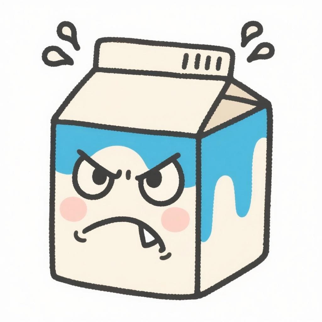 A literal, humorous depiction of 'estar de mala leche', showing a grumpy-faced milk carton.