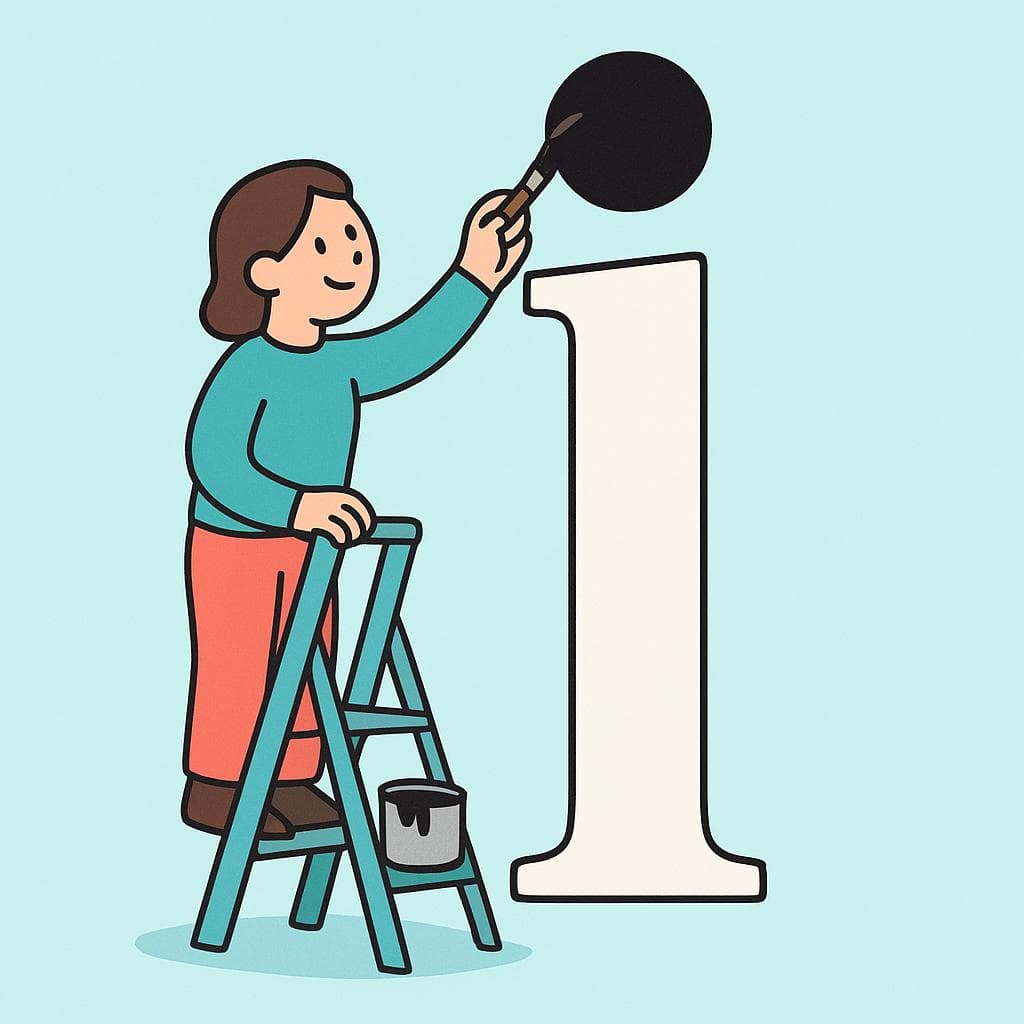 A literal depiction of 'poner los puntos sobre las íes', showing a person carefully placing a dot on a giant letter 'i'.