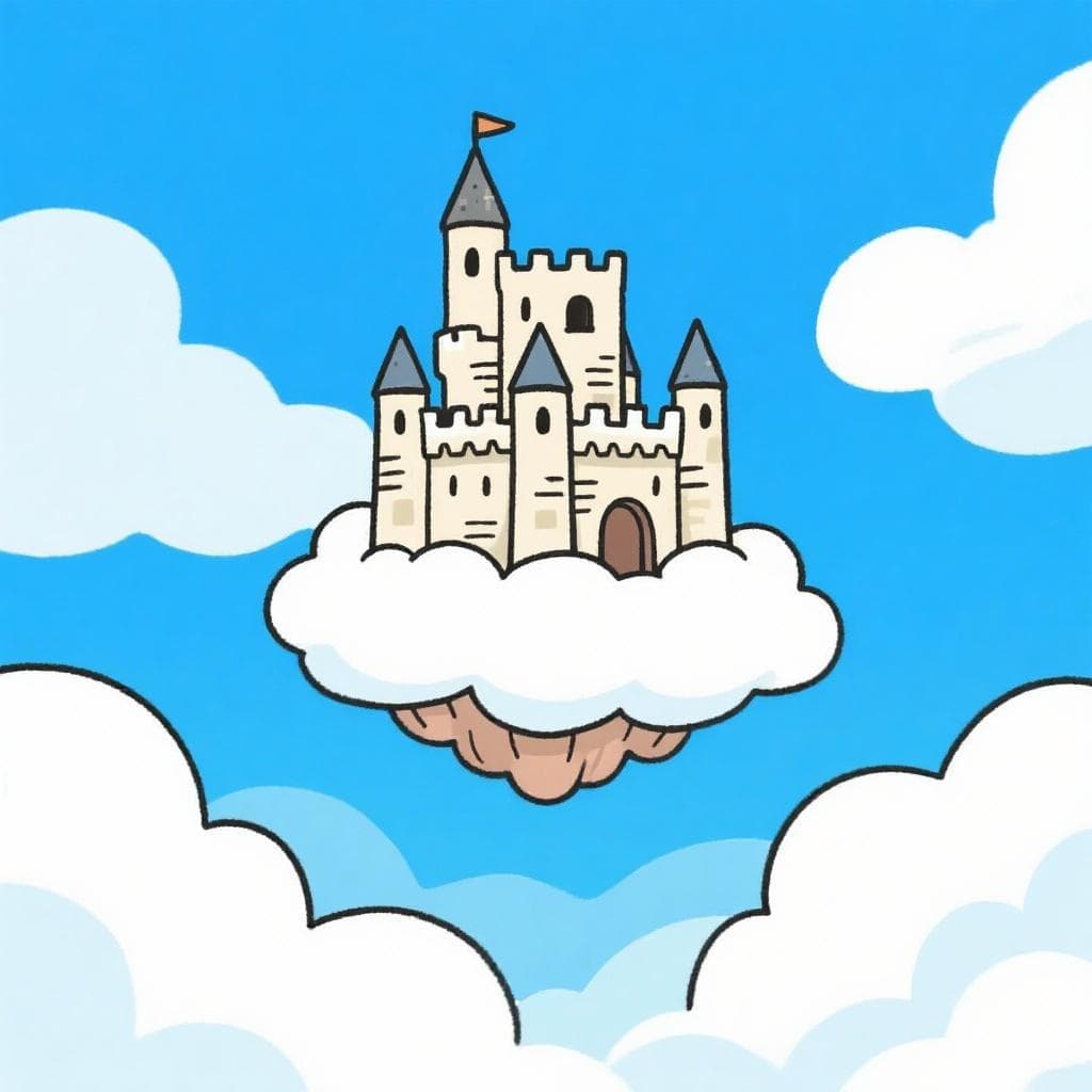 A literal depiction of 'castillos en el aire', showing a majestic castle floating among the clouds in the sky.