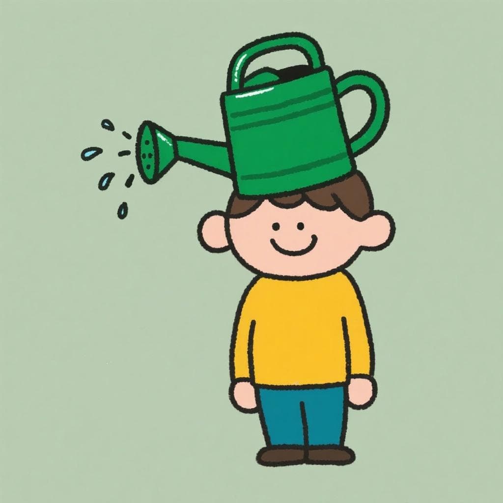 A literal, humorous depiction of 'estar como una regadera', showing a person with a watering can for a head.