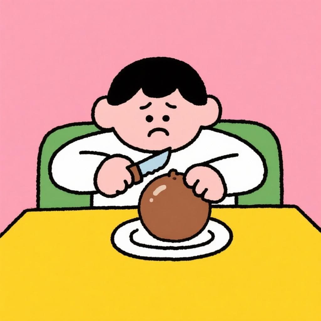 A person looking miserable while trying to eat a large, brown, unappetizing sphere with a fork and knife.