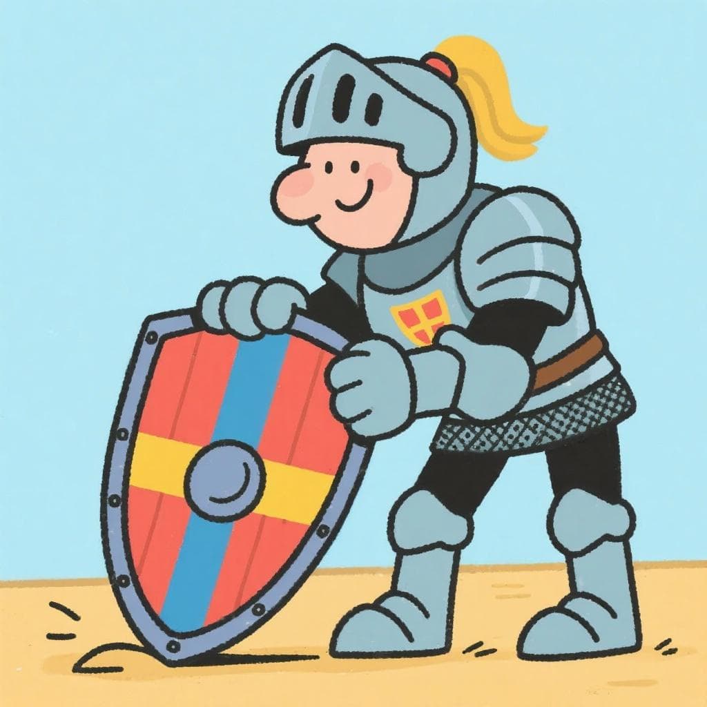A literal depiction of 'bajar la guardia', showing a medieval knight in armor physically lowering their shield.