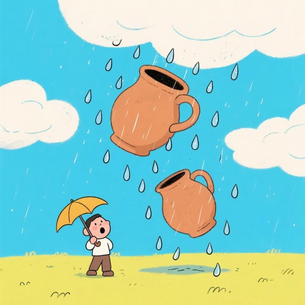 A literal, humorous depiction of 'llover a cántaros', showing large clay pitchers falling from the sky like rain.
