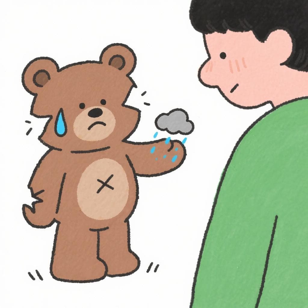 A literal depiction of 'me da pena', showing a sad object giving a person a feeling of sorrow.