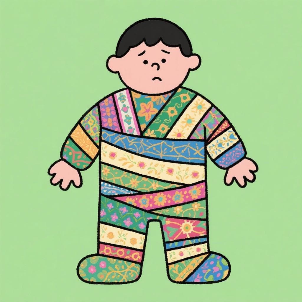 A literal, humorous depiction of 'estar forrado', showing a person completely covered in bookbinding material.