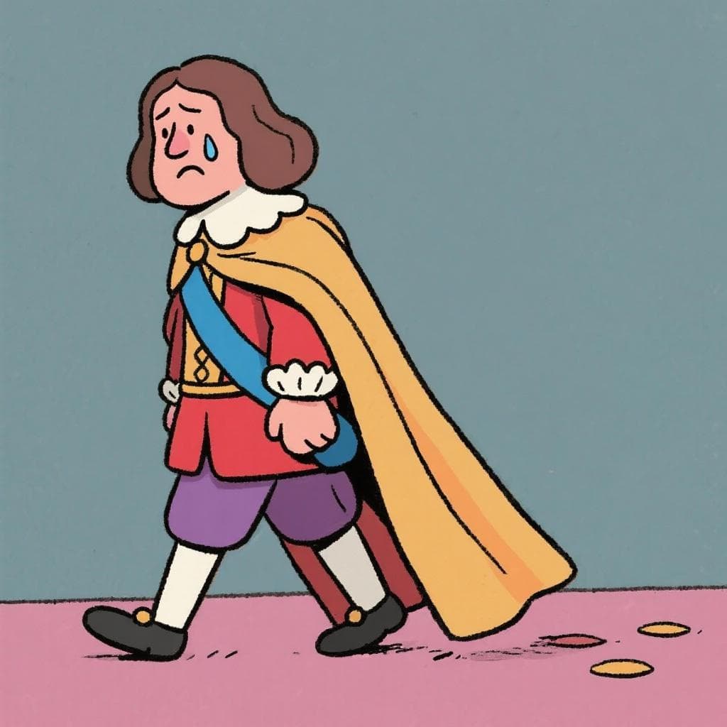 A literal depiction of 'andar de capa caída', showing a historical figure with a cape dragging on the ground.