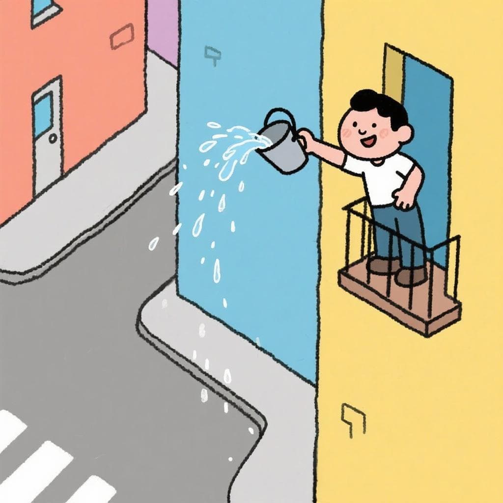 A literal depiction of 'echar aguas', showing a person comically throwing buckets of water from a balcony onto a street.