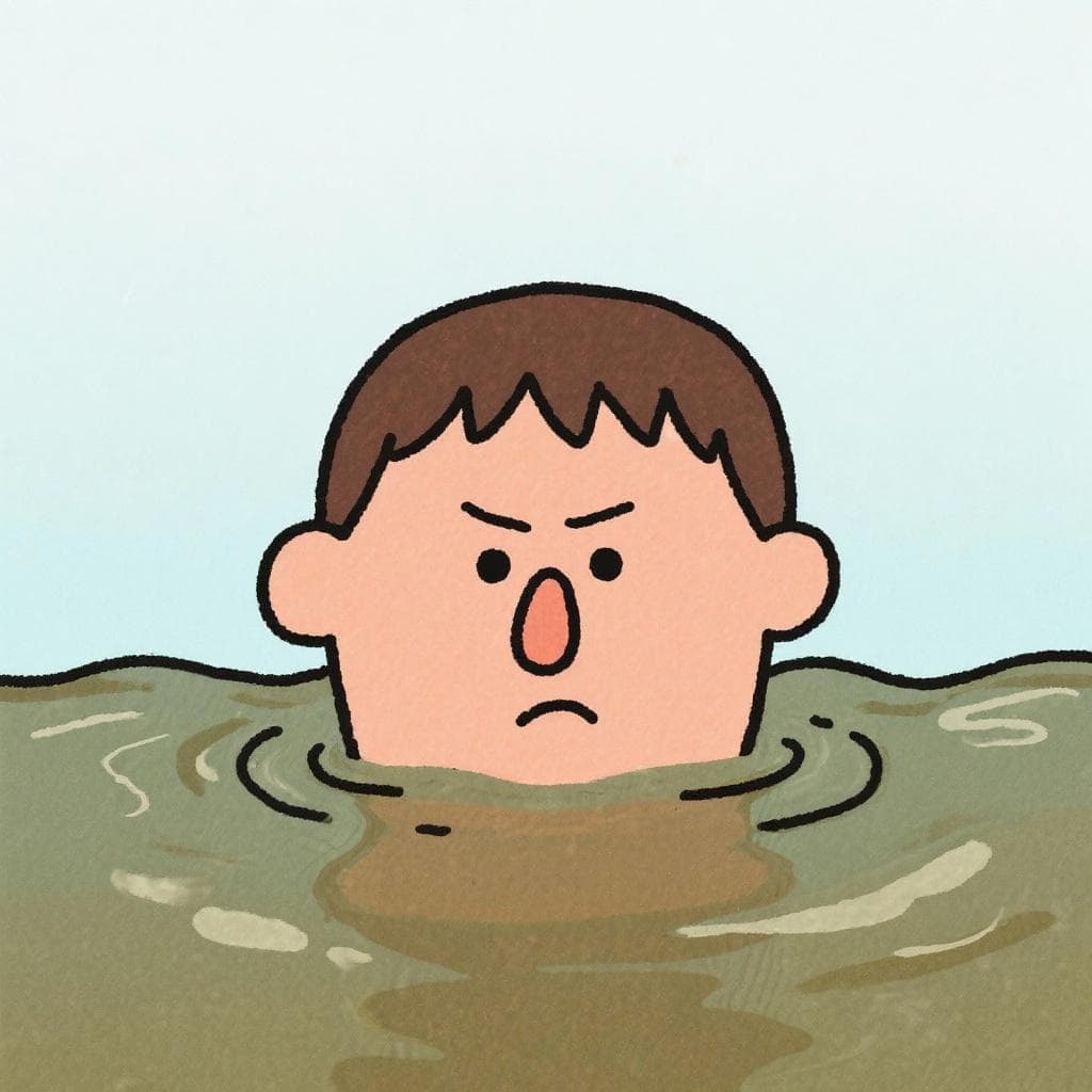 A literal, humorous depiction of 'estar hasta las narices', showing a person submerged in water right up to their nose.