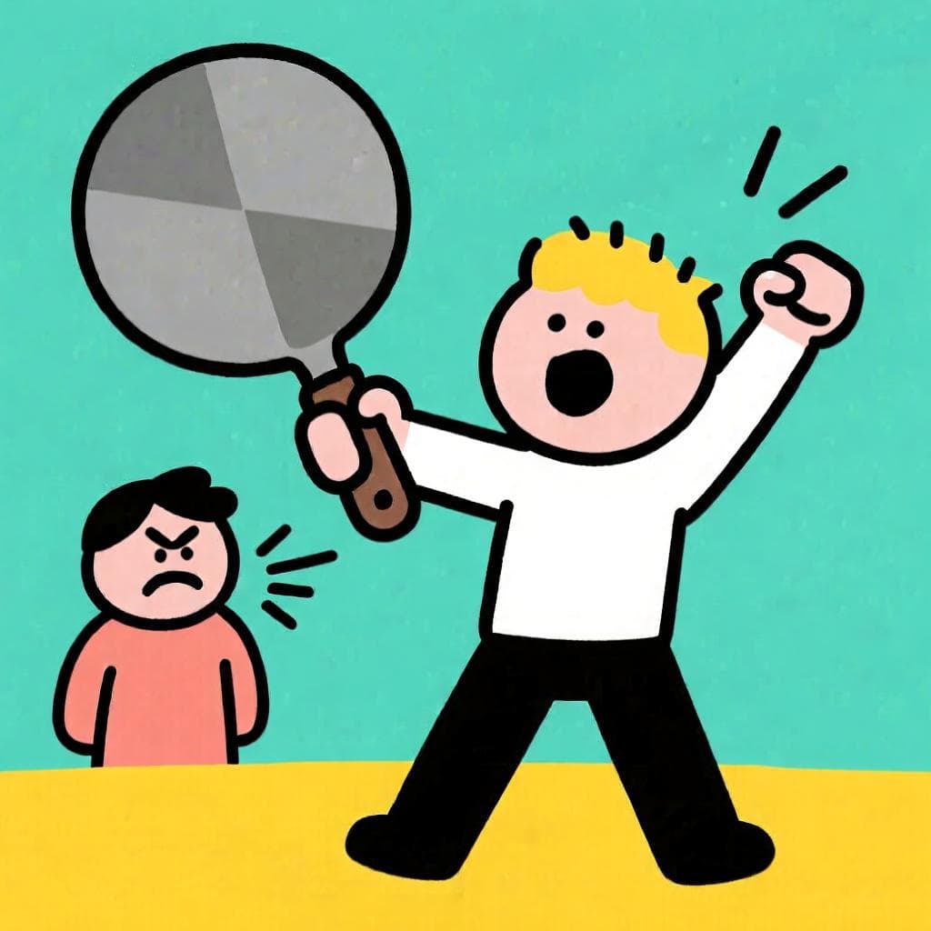 A literal, humorous depiction of 'tener la sartén por el mango', showing one person proudly holding a frying pan by its handle while another looks on, unable to touch it.