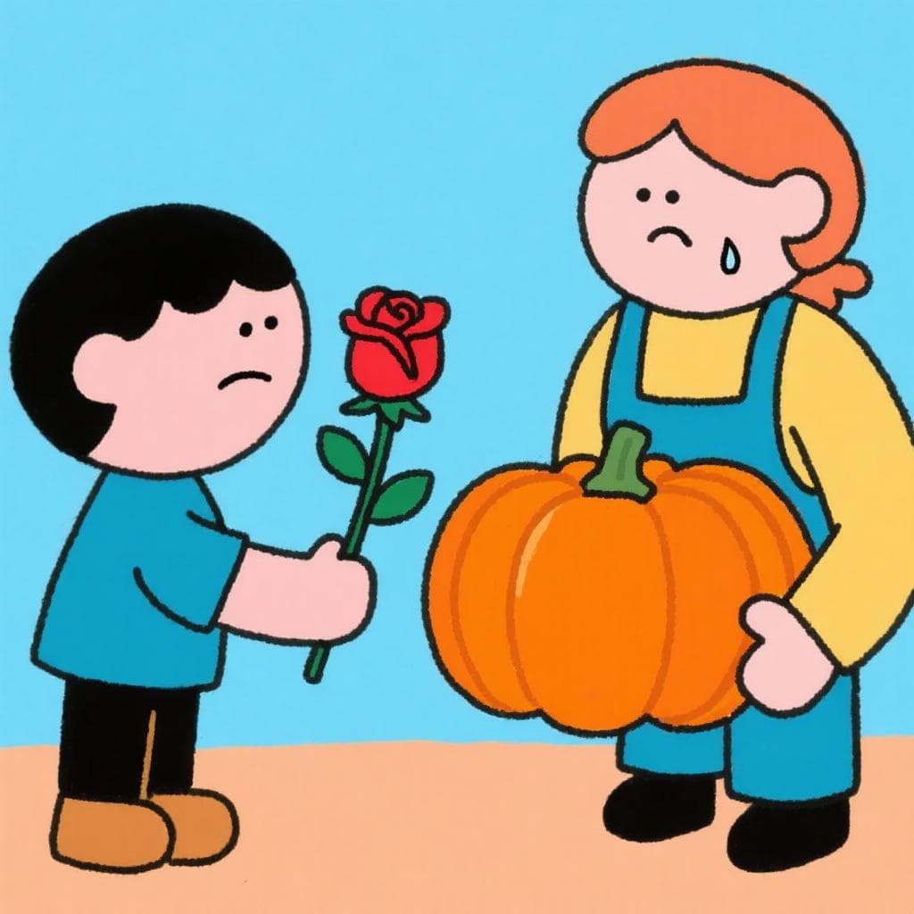 A literal, humorous depiction of 'dar calabazas', showing one person handing a large pumpkin to another who looks dejected.