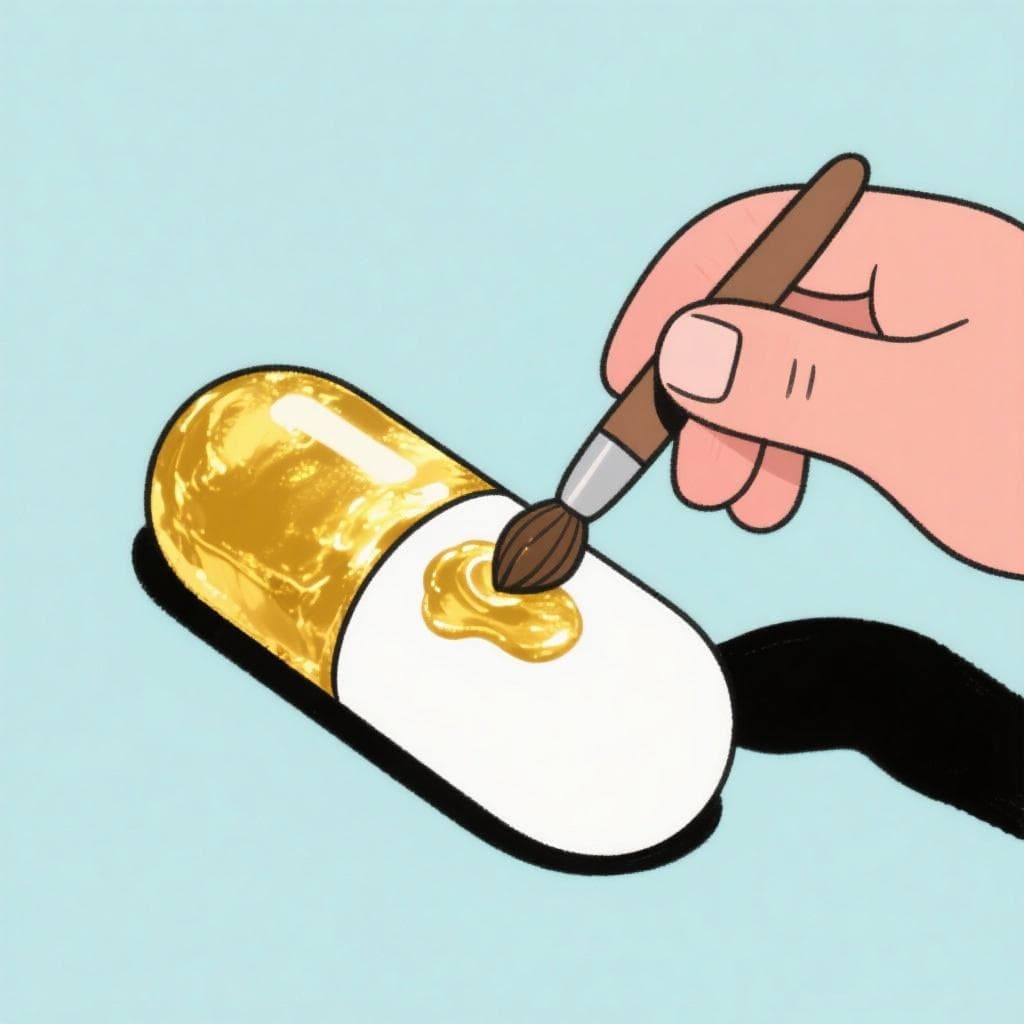 A literal depiction of 'dorar la píldora', showing a hand carefully painting a large medicinal pill with shiny gold paint.