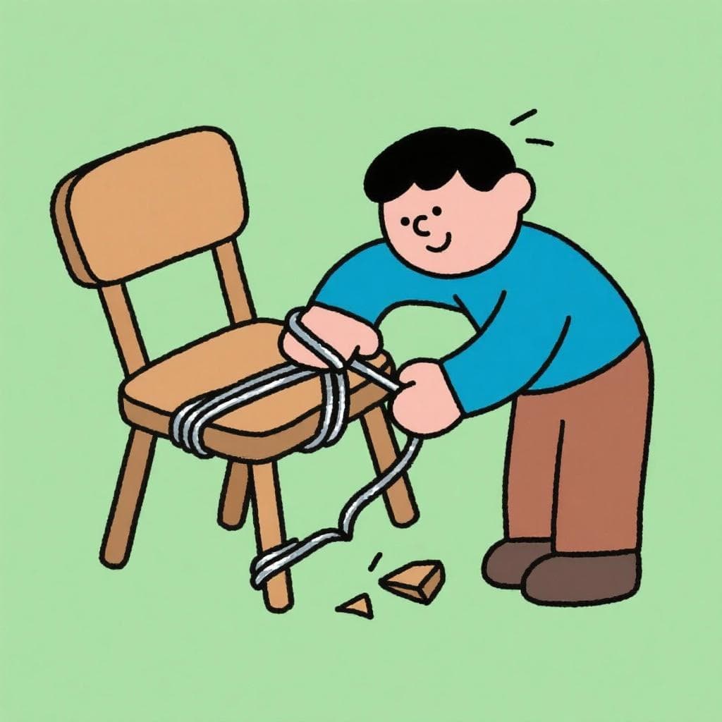 A literal depiction of 'atar con alambre', showing a person tying a broken chair leg together with a piece of metal wire.
