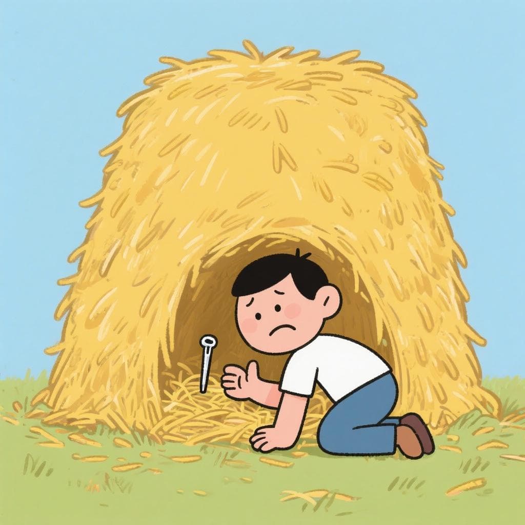 A literal depiction of 'buscar una aguja en un pajar', showing a person searching through a giant haystack for a tiny needle.