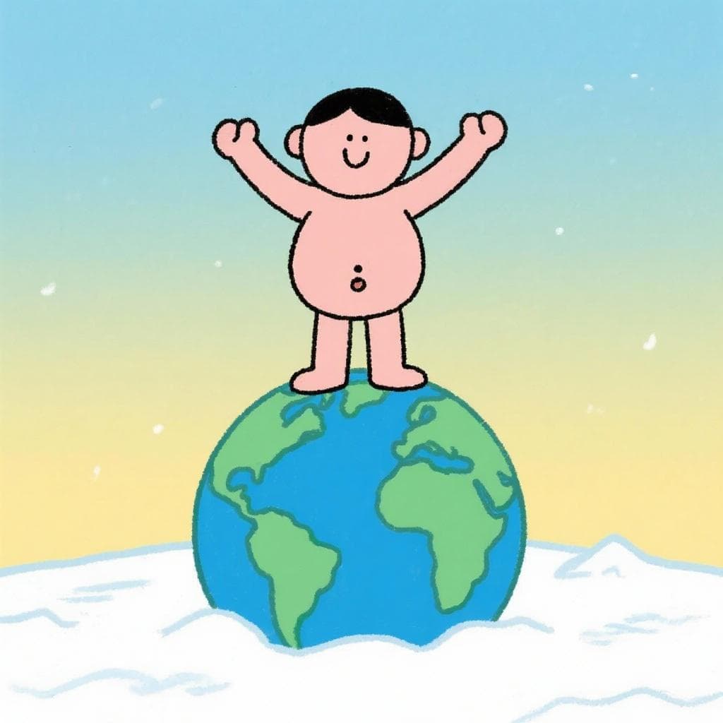A humorous, literal depiction of 'creerse el ombligo del mundo', showing a person standing on a tiny planet Earth, with their belly button at the exact center.