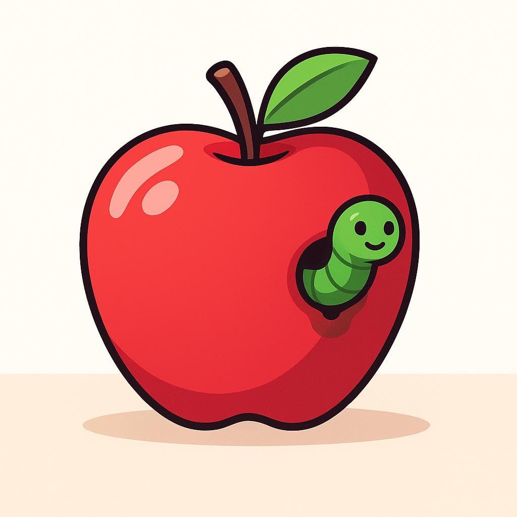 A literal depiction of 'appearances deceive' showing a perfect, shiny red apple that has a large worm crawling out of a hole on its hidden side.