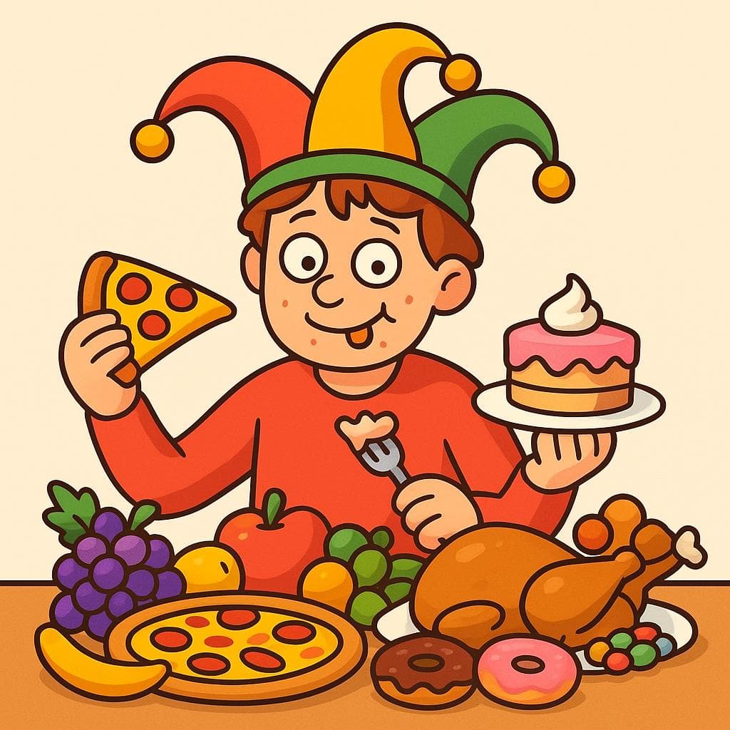 A literal depiction of 'Me hago el bobo y como de todo', showing a person with a silly 'fool's' expression eating a huge variety of food.