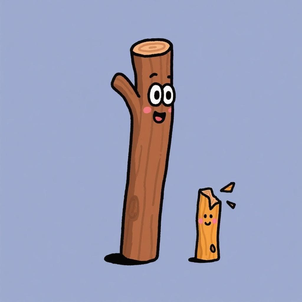 A literal depiction of the idiom, showing a large wooden stick with a small splinter that looks exactly like it, both with cartoon faces.
