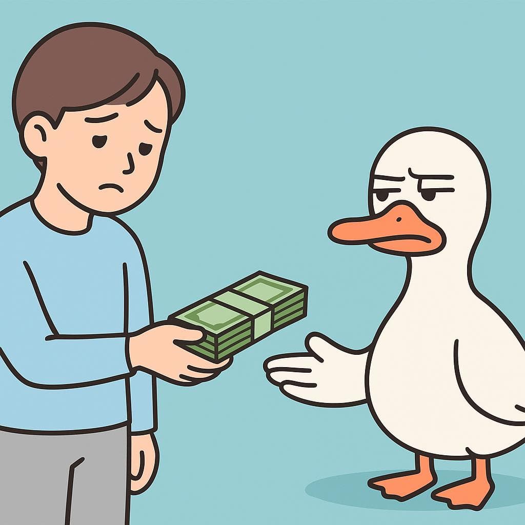 A humorous literal depiction of 'pagar el pato', showing a person handing money to a duck.