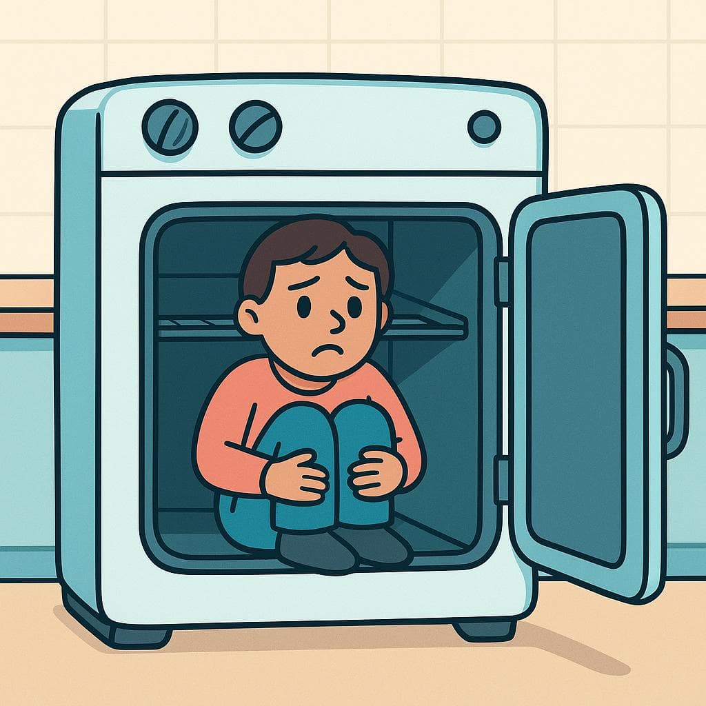 A literal, humorous depiction of 'estar en el horno', showing a person looking worried while sitting inside a large kitchen oven.