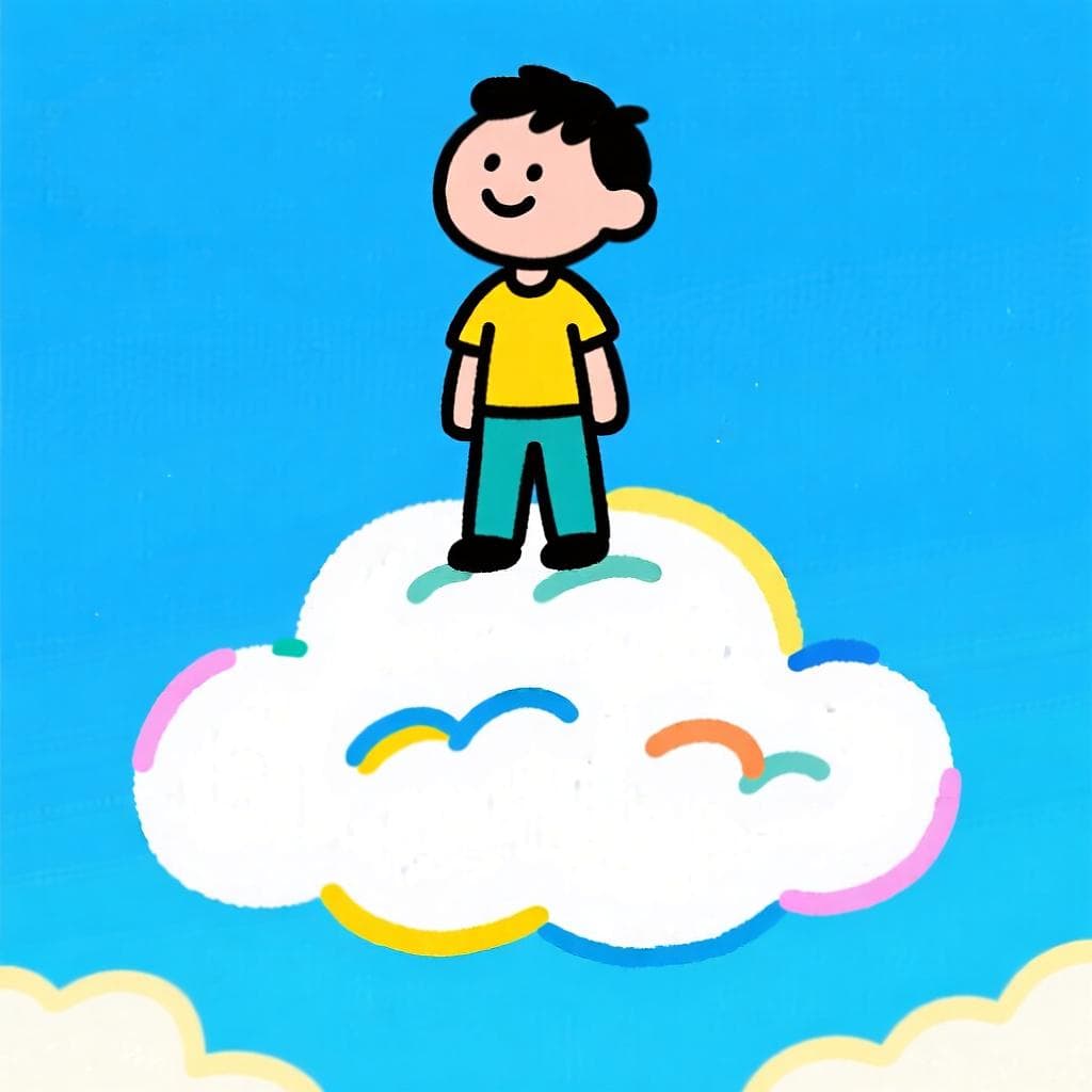A literal depiction of 'estar en las nubes', showing a person physically standing on fluffy white clouds in the sky.
