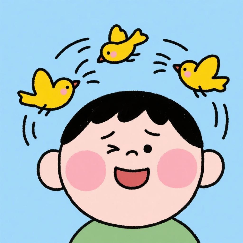 A humorous depiction of the word 'piripi', showing a person with a silly grin and two small, cheerful birds flying around their head.