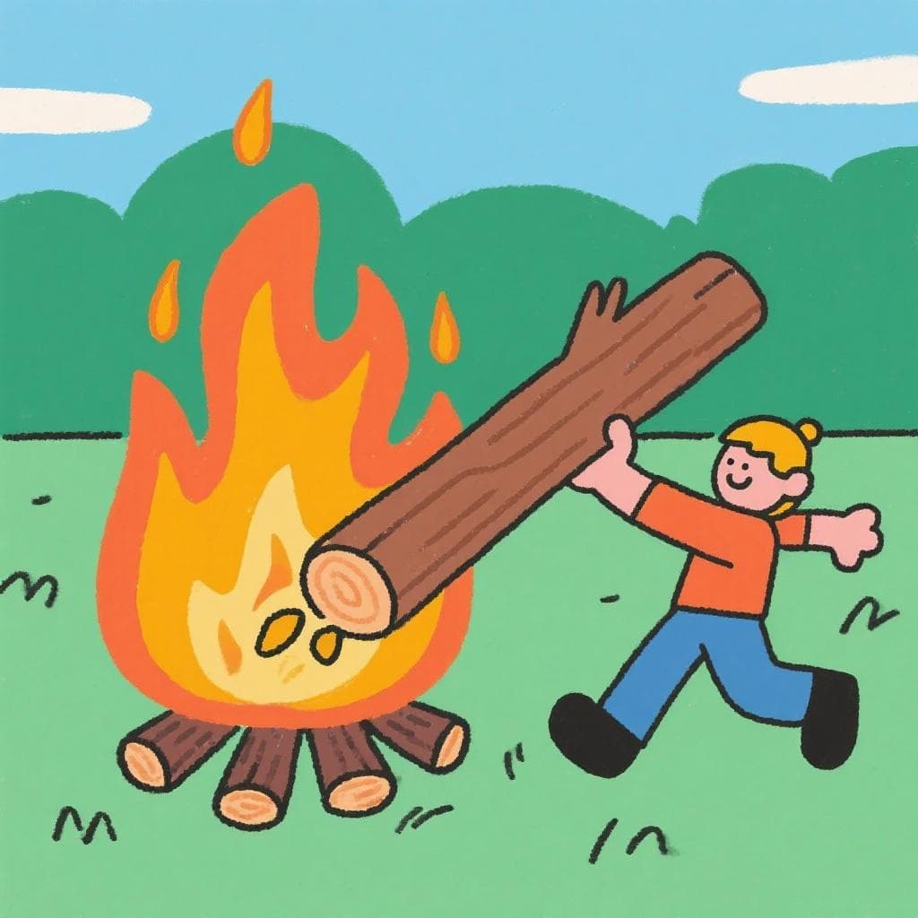 A literal depiction of 'echar leña al fuego', showing a person adding a log to an already large bonfire.