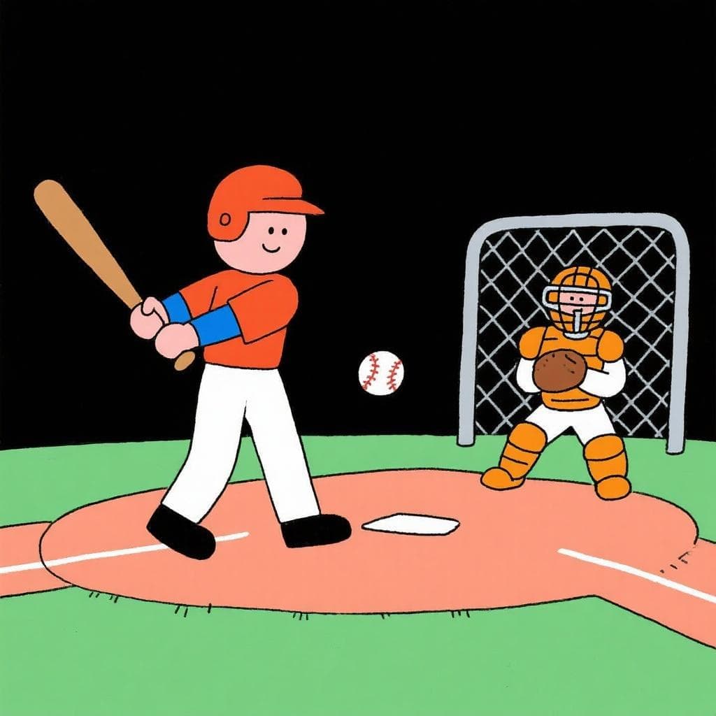 A literal depiction of 'batear por la izquierda', showing a baseball player batting from the left side of the home plate.