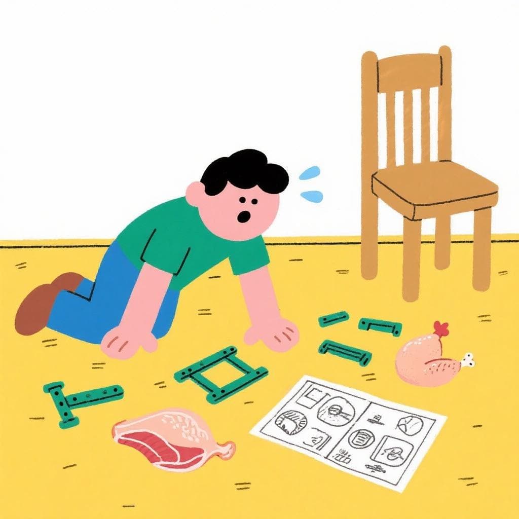 A literal, humorous depiction of 'montar un pollo', showing a person trying to assemble a chicken like it's a piece of furniture.